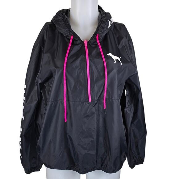 Victoria Secret Pink Black Large Logo Pockets Hooded Rain Packable Jacket M - Picture 1 of 5